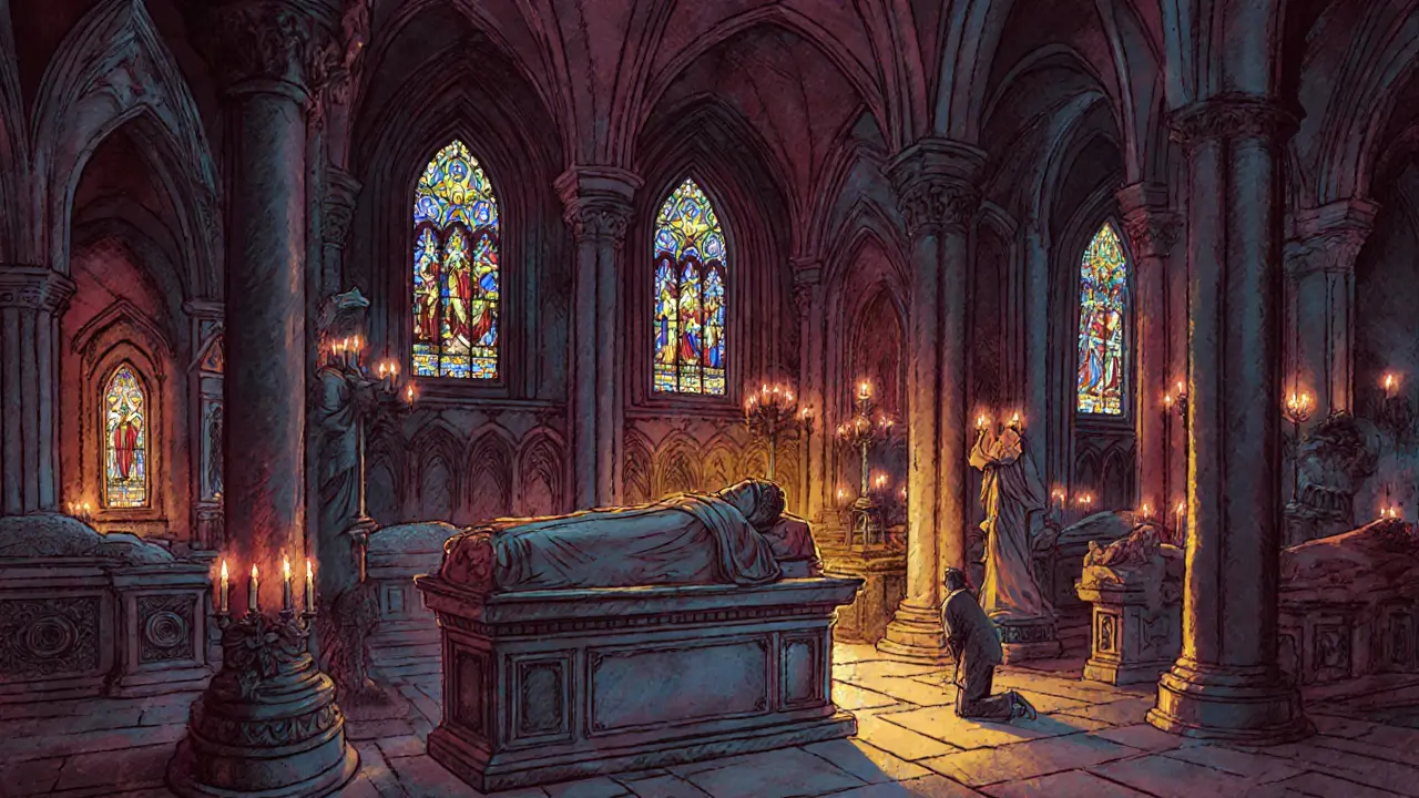 Внутренний вид Вавельского собора при свете свечей: королевские гробницы и витражи в таинственном свете.