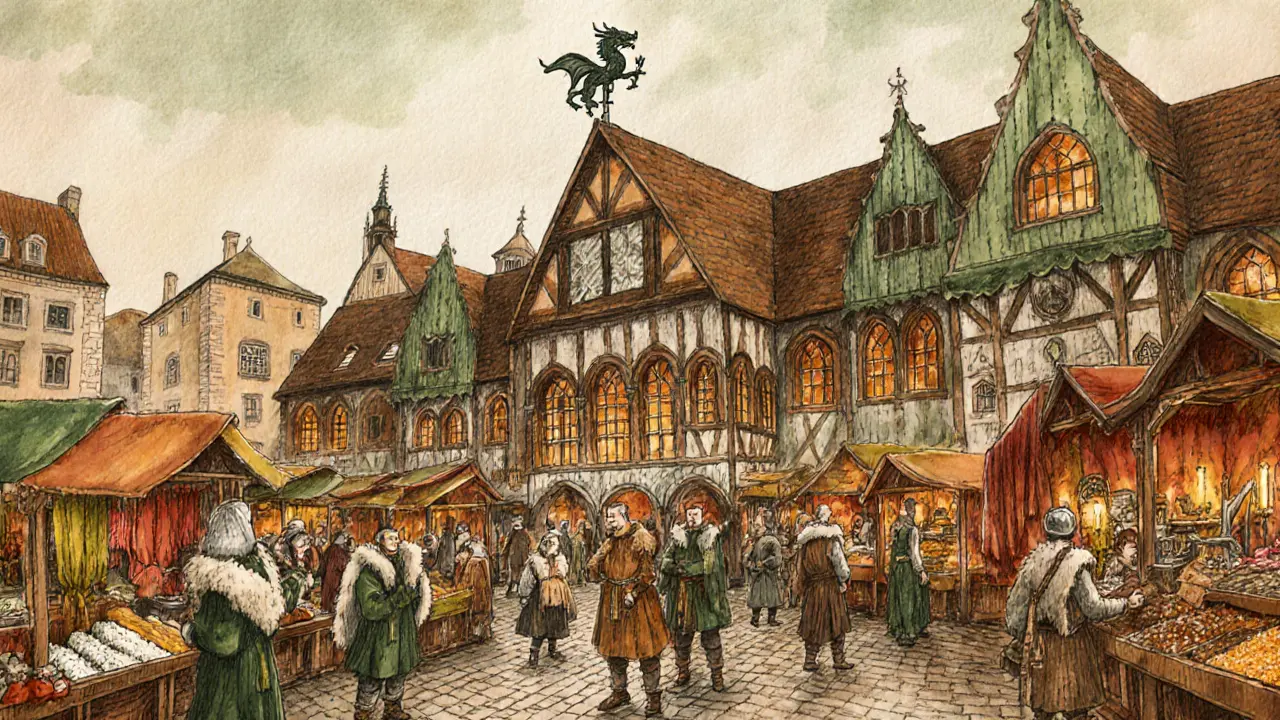 Живописная сцена Сукенниц в средневековом Кракове: купцы торгуют тканями и солью на главной площади.