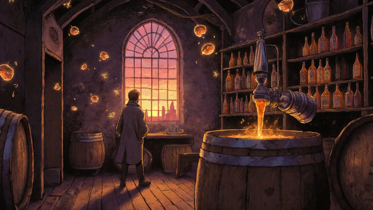 Бельгийская пивоварня ламбика, дикие дрожжи светятся в воздухе, дубовые бочки, закат через витраж, пивовар в тени.