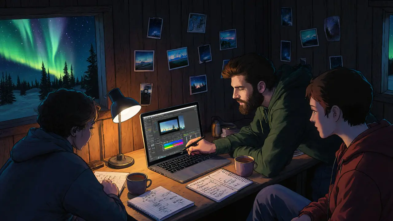 Небольшая группа разбирает фотографии в кабине при свете лампы, фотограф объясняет обработку снимков.