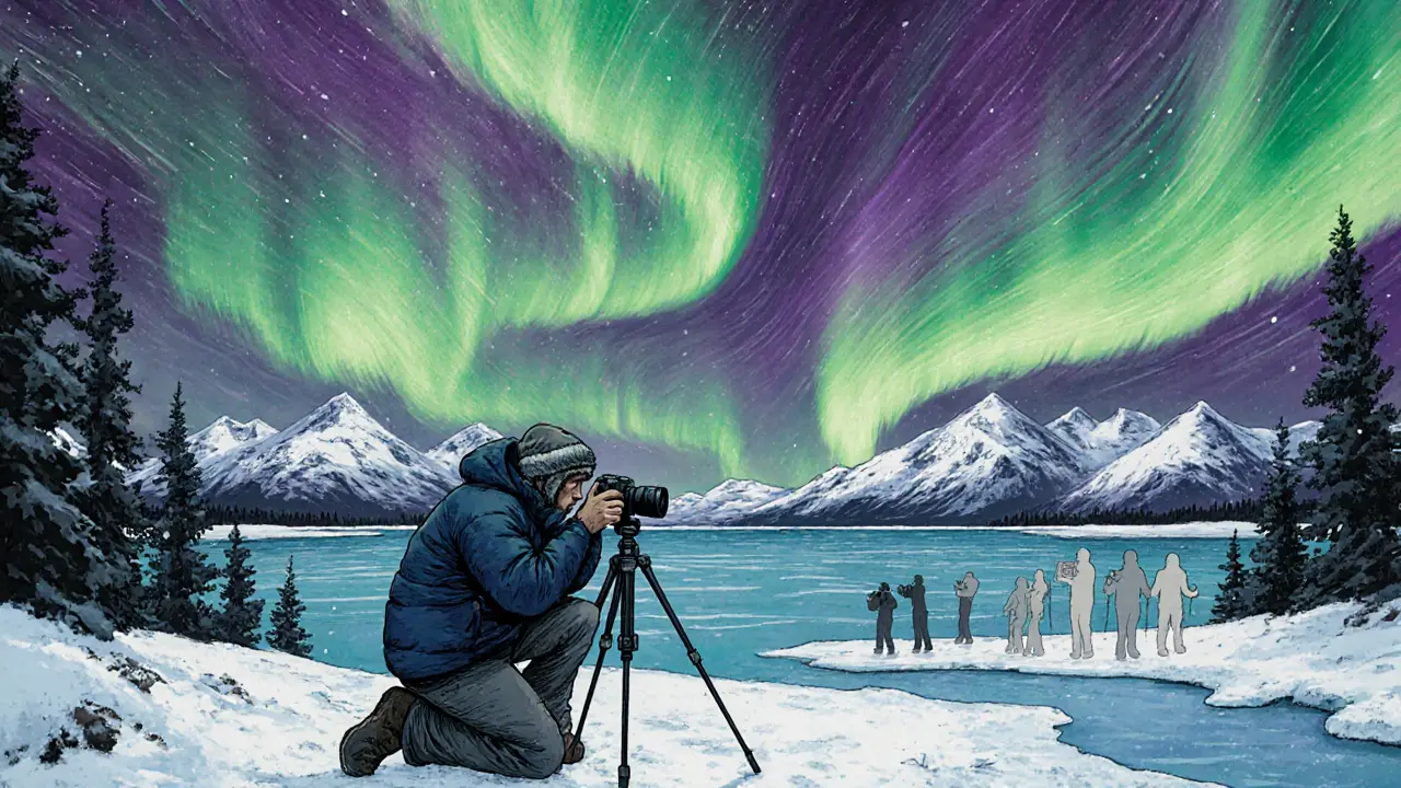 Один человек снимает северное сияние на замерзшем озере, другие туристы с обычными камерами вдалеке.