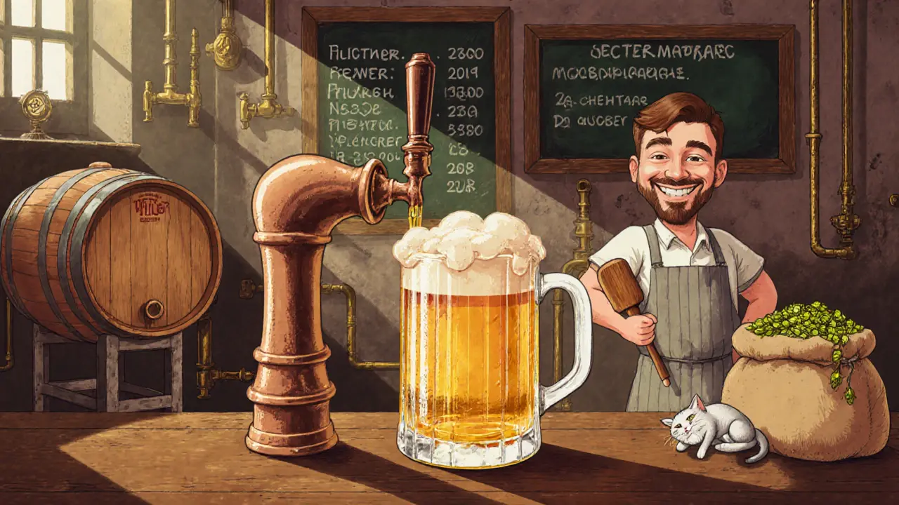 Пивоварня в Пльзене, разливное пиво льется в кружку, пивовар в фартуке у бочки, на заднем плане — старинное оборудование.