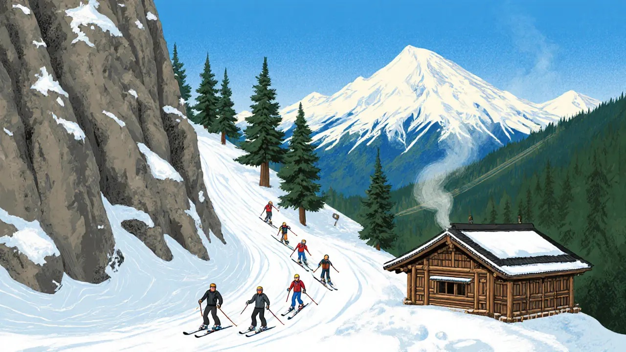 Сложная трасса в Хакубе спускается через горы, вид на Альпы, онсэн внизу.