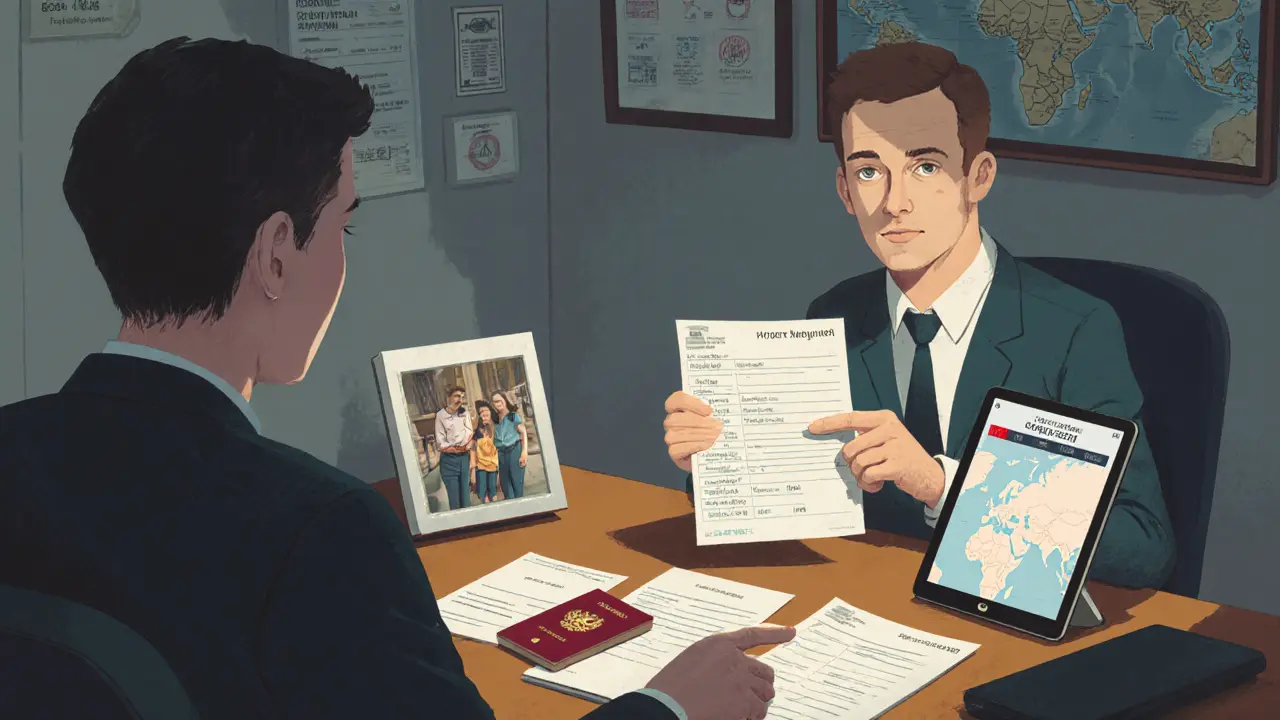 Пассажир в комнате допроса показывает бронь отеля и обратный билет.