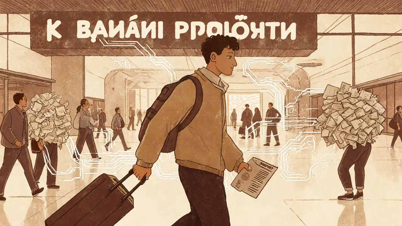 Путешественник уверенно проходит через аэропорт с тремя ключевыми документами.