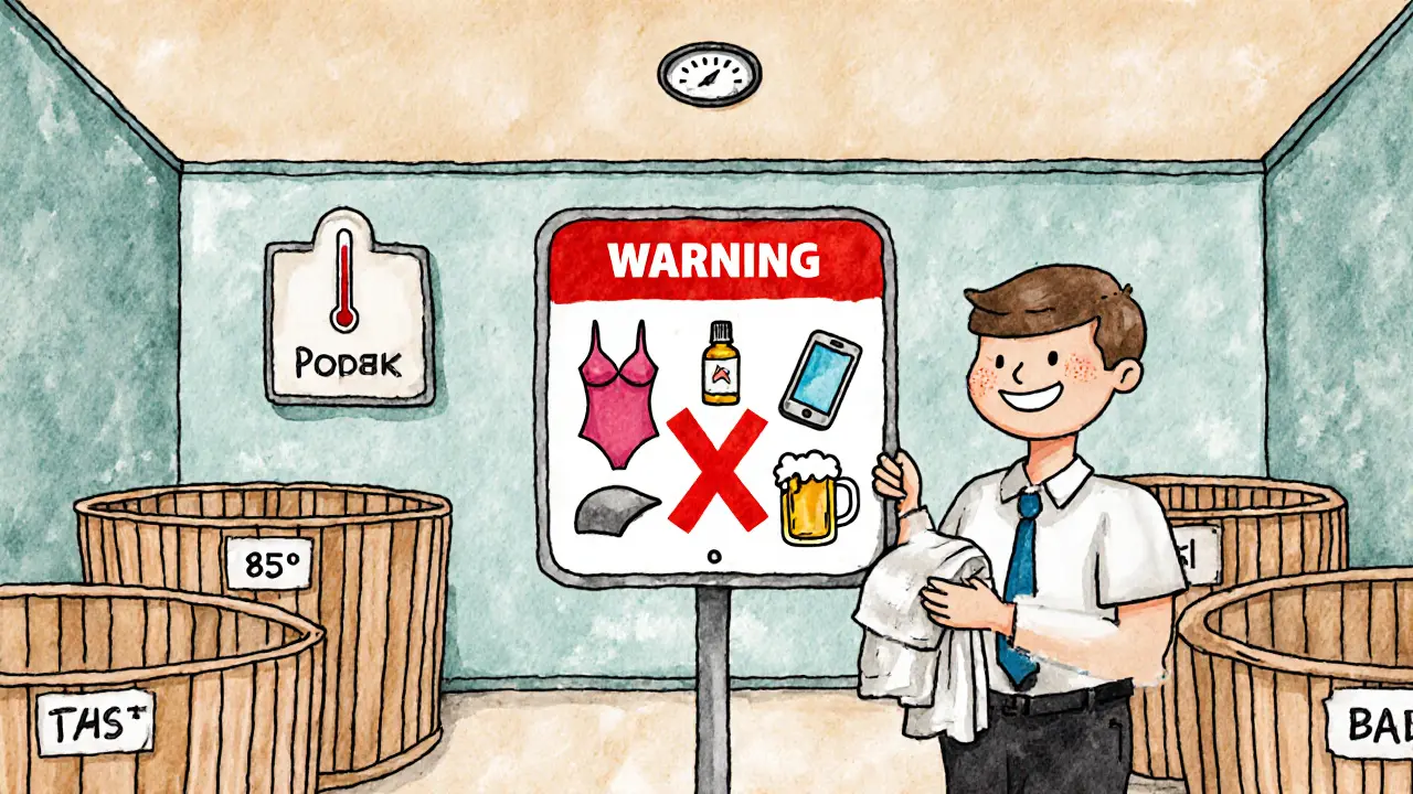 Запреты в бане: купальник, масло, телефон и пиво зачеркнуты, рядом администратор с полотенцем.