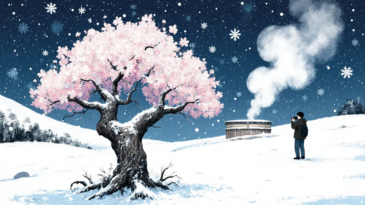 Зимняя сакура в Инюяме цветёт на снегу, одинокий турист с камерой вдали, тишина и мороз.