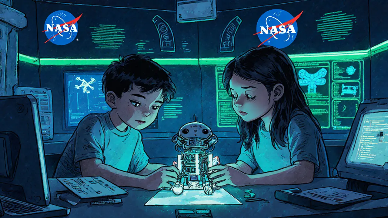 Два ребенка собирают робота в лаборатории США с голографическими экранами.