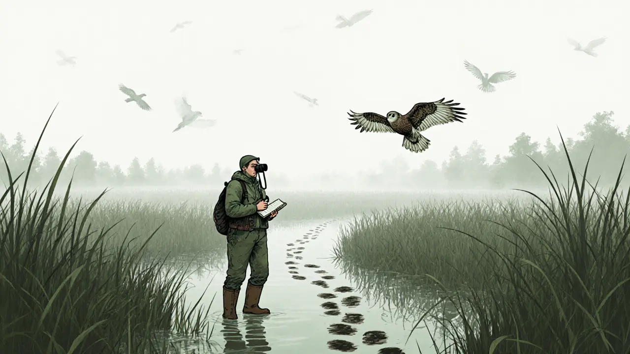 Орнитолог в резиновых сапогах наблюдает за редкой птицей в туманном болоте на рассвете.