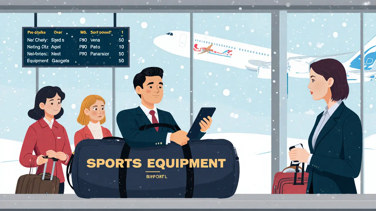 Пассажир сдает спортивный багаж на регистрации в аэропорту, агент проверяет предварительное согласование.