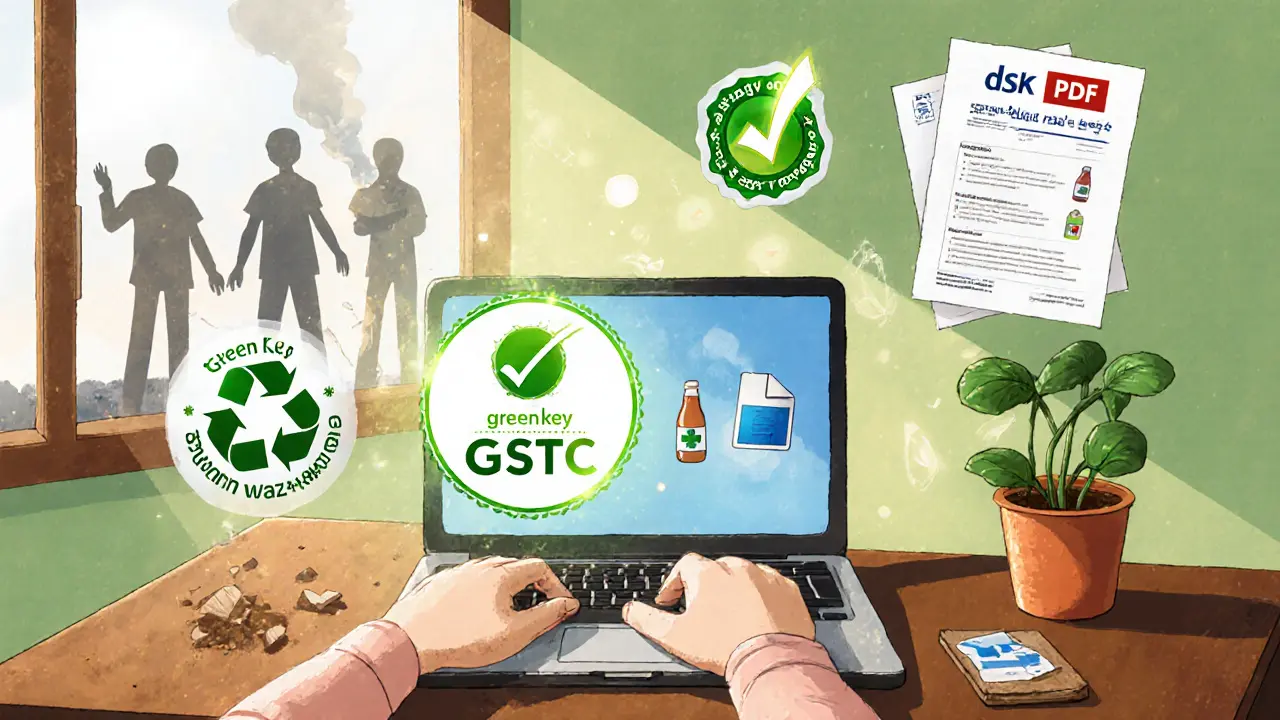 Путешественник смотрит на настоящие экосертификаты и отчёты, а ложные символы экологичности исчезают в пыли.