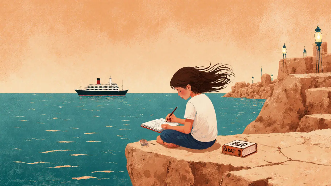 Ребёнок рисует на мальтийском берегу на закате, рядом лежит книга на английском.
