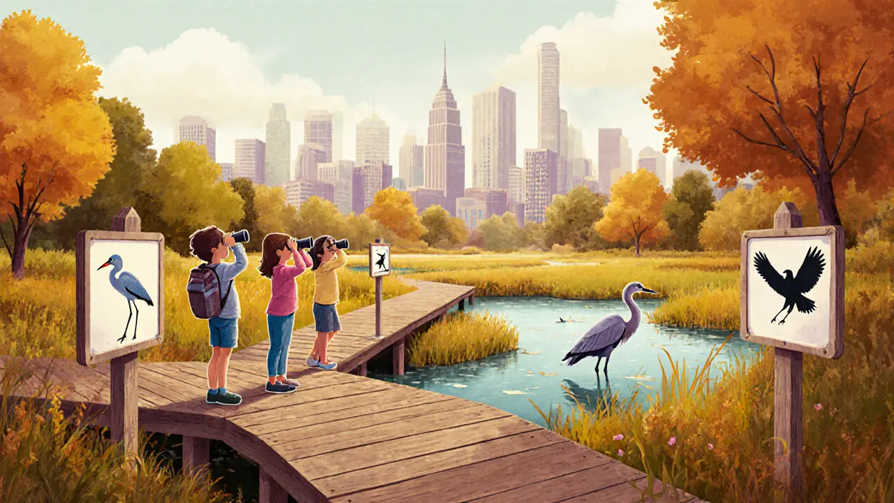 Семья по деревянным мосткам наблюдает за птицами в городском парке, на заднем плане — город.