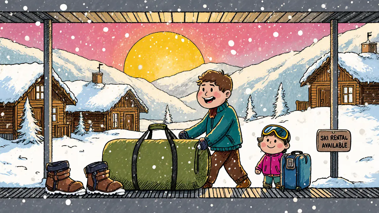 Семья забирает лыжи с багажной ленты на горнолыжном курорте, ботинки в другом чемодане.