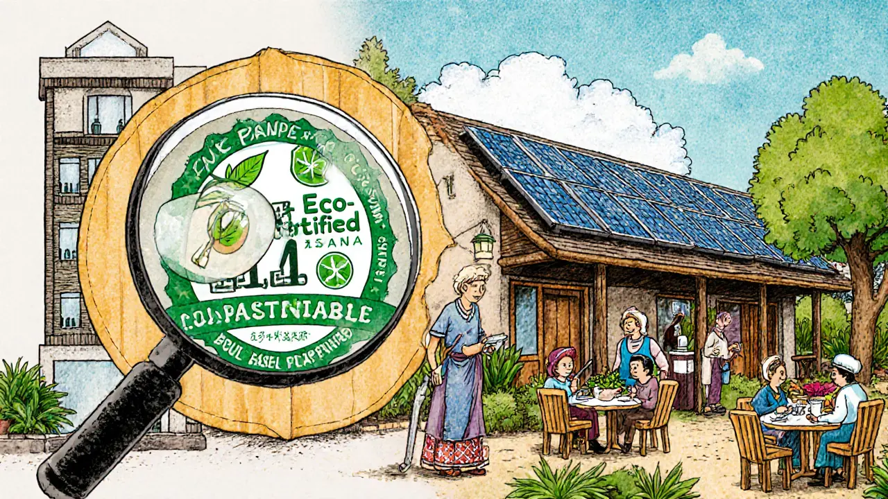 Сравнение фальшивого &#039;экологичного&#039; отеля и настоящего экологичного ложа с солнечными панелями и местными продуктами.