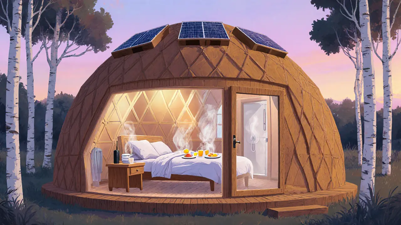 Уютный глэмпинг-домик с кроватью, завтраком и солнечными панелями среди берёз у рассвета.