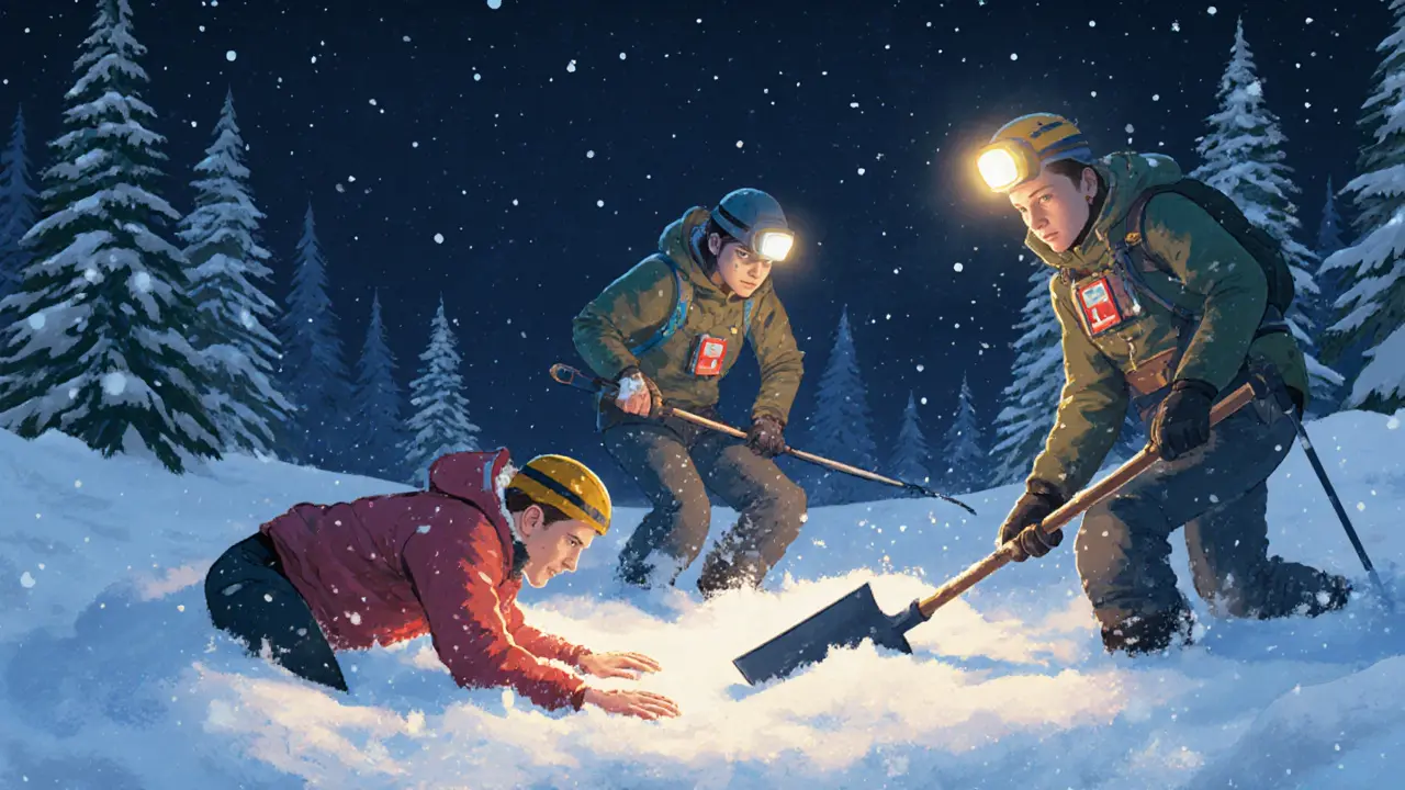 Ночная тренировка спасения: один зарыт в снегу, двое ищут его с щупом и лопатой.