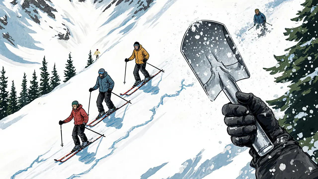 Один лыжник пересекает опасный склон, другие ждут в безопасности, за ним — трещины в снегу.