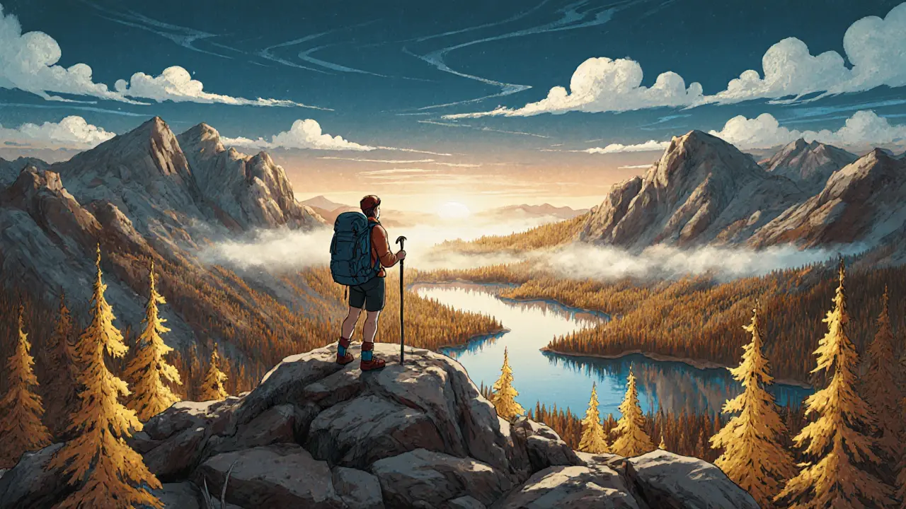 Одинокий путешественник на вершине горы Круглицкая в Таганае, вид на золотые леса и озера.