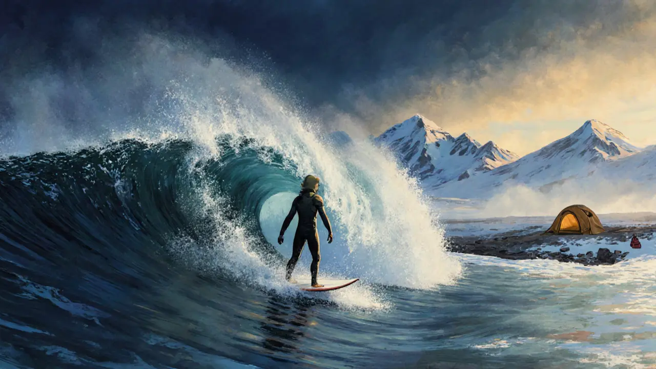 Опытный серфер на огромной волне на Камчатке: ледяная вода, горы, туман и рассвет — один на один с океаном.