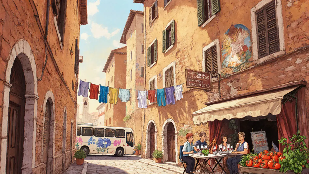 Римский квартал: узкие переулки, местные за вином, рынок без туристов.