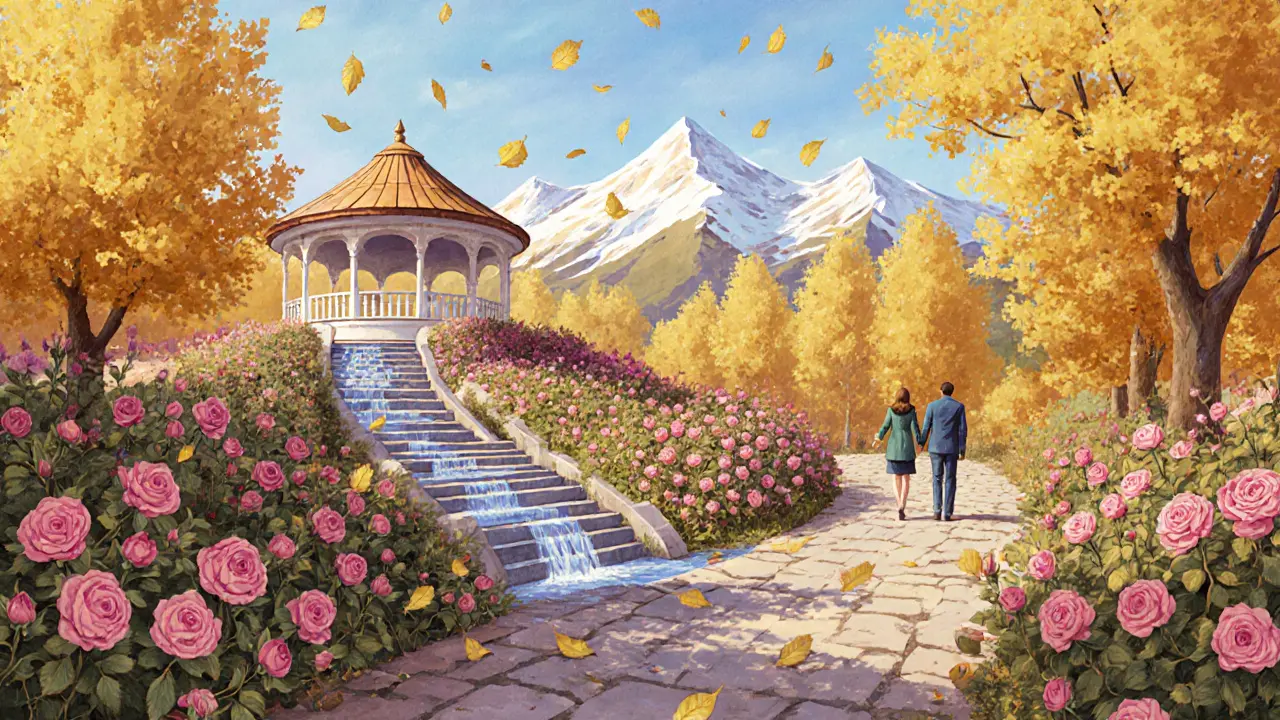 Розовая долина в Кисловодском национальном парке, цветущие розы, каскадная лестница и горы на фоне.