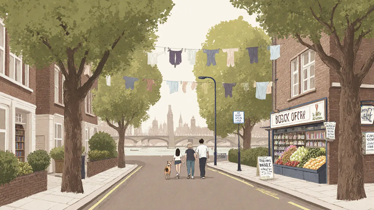 Тихий район Уондсуэрт, Лондон: деревья, библиотека, семья с собакой.