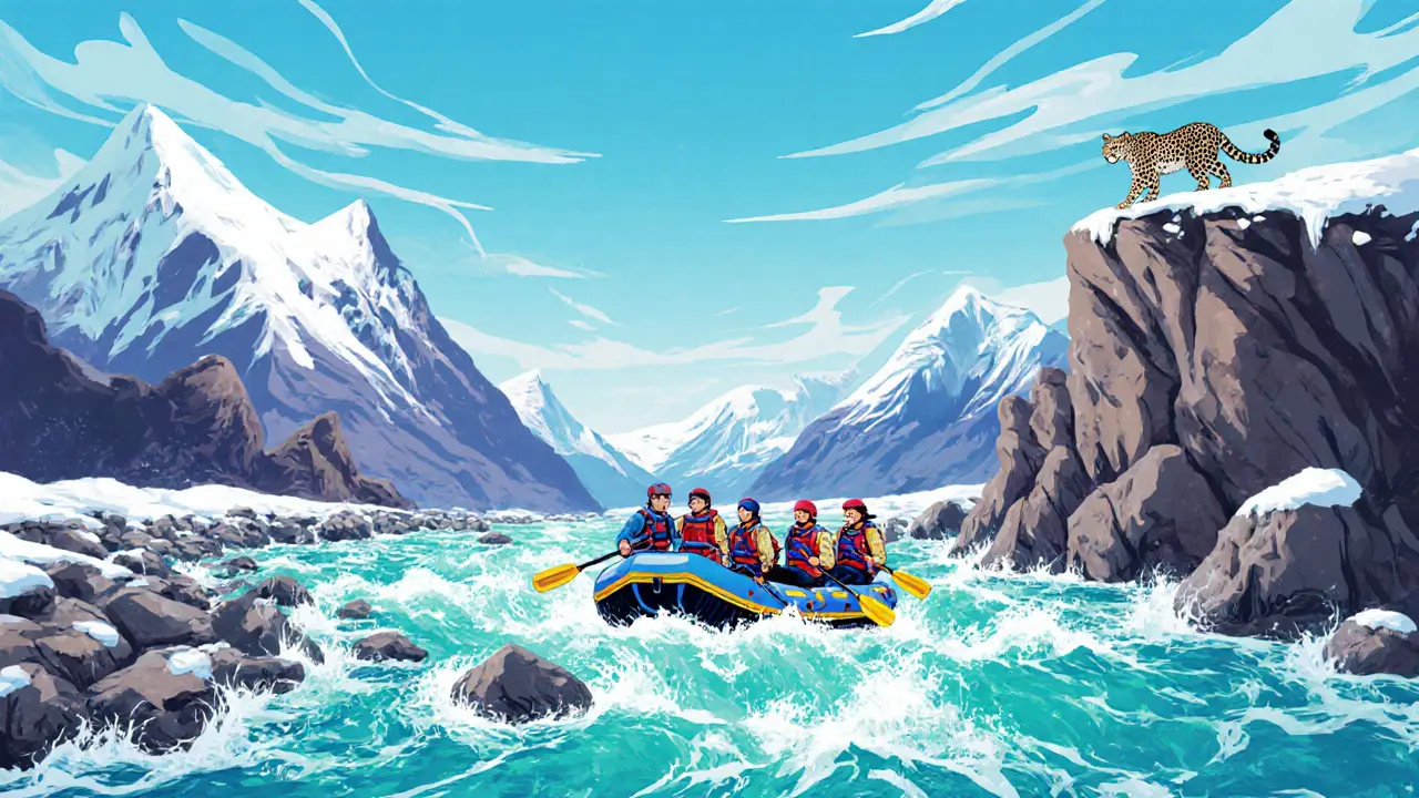 Группа сплавляет по реке Катунь с горами и бурлящими порогами, вдалеке — снежный барс.