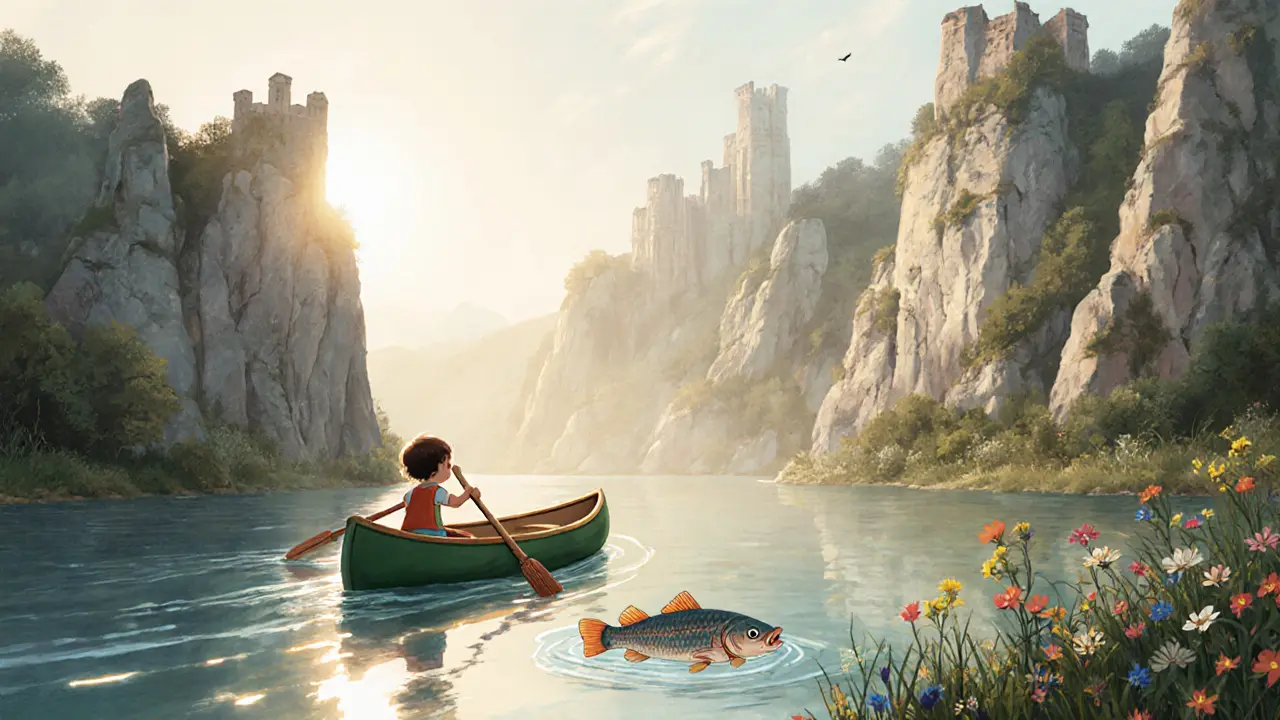 Каноэ на реке Чусовая среди скал-замков, ребёнок указывает на рыбу в прозрачной воде.