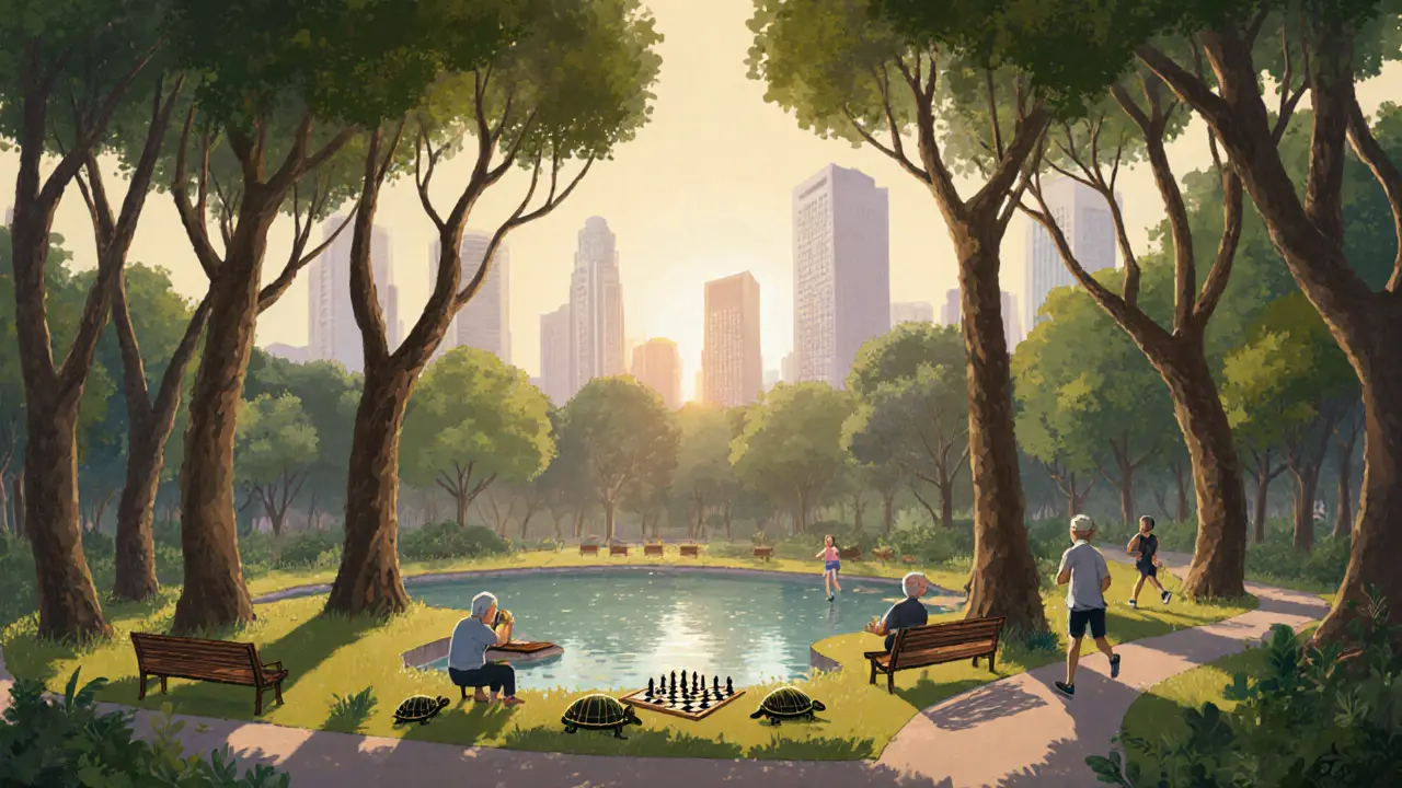 Парк Люмпини на рассвете: деревья, пруд с черепахами, пожилые люди играют в шахматы.
