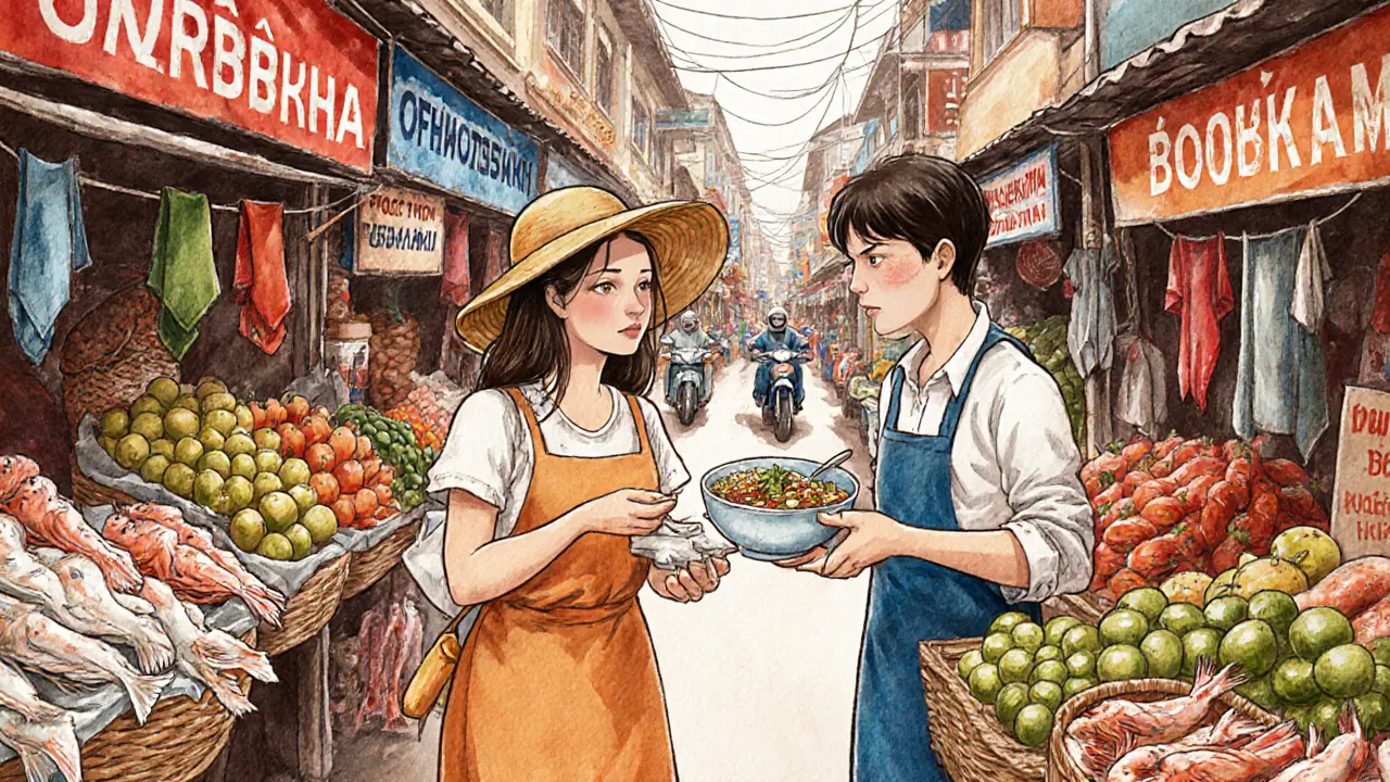 Русская туристка получает фо от продавца на рынке Нячанга, вокруг — яркие прилавки с морепродуктами.