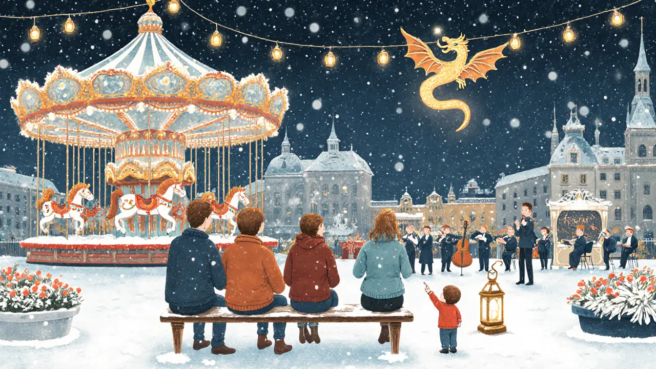 Семья наслаждается зимним вечером в Tivoli Gardens: карусель, огни и оркестр под падающим снегом.