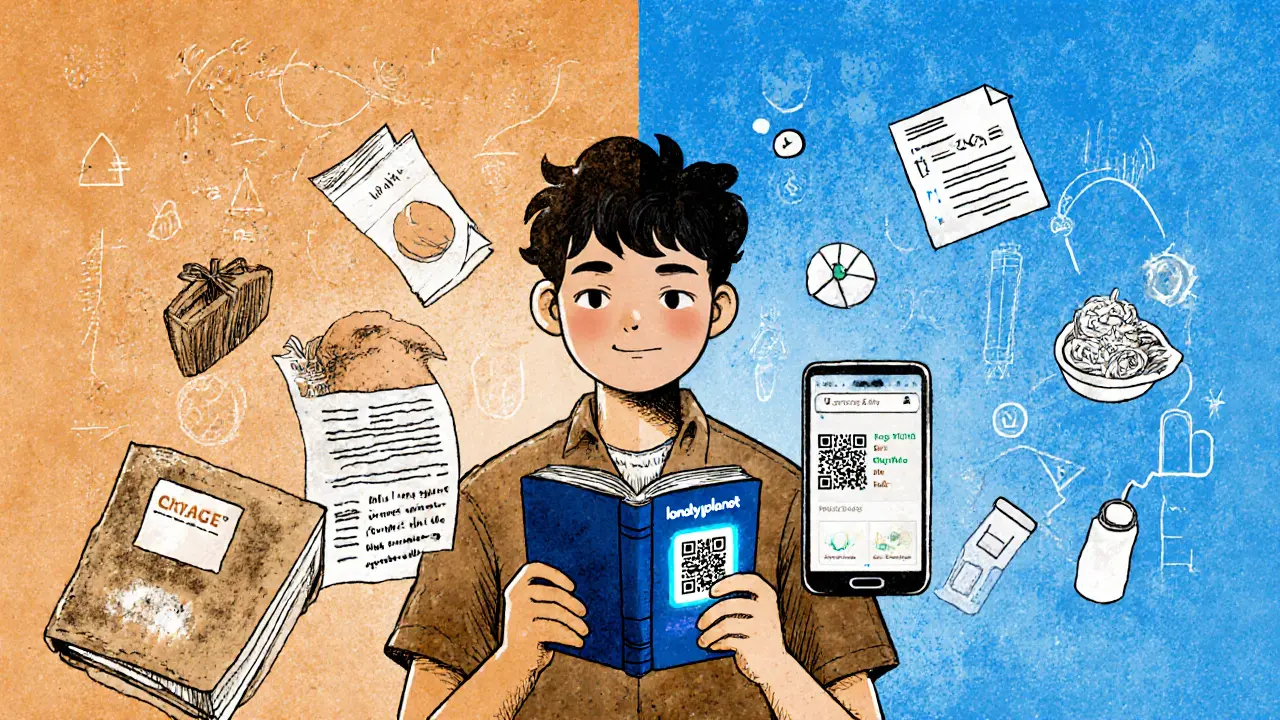 Гибридный разговорник: бумажная книга рядом со смартфоном, символизируя сочетание аналогового и цифрового.