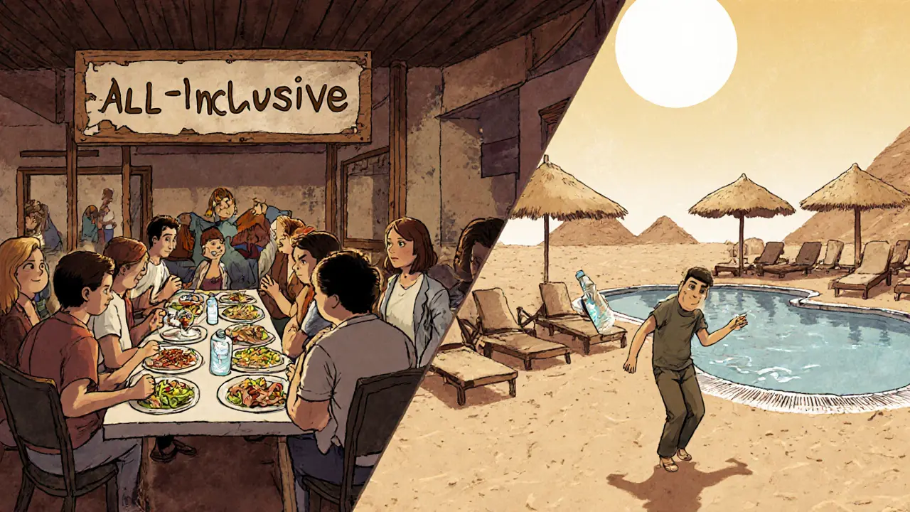 Гости в египетском отеле с ограниченным меню и скромным бассейном.