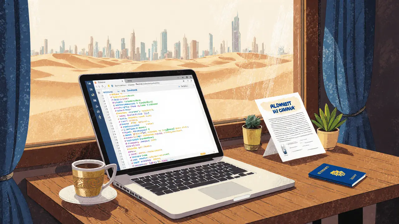 Российский цифровой кочевник работает в кафе в Шардже, на столе — виза и ноутбук, за окном — город и пустыня.