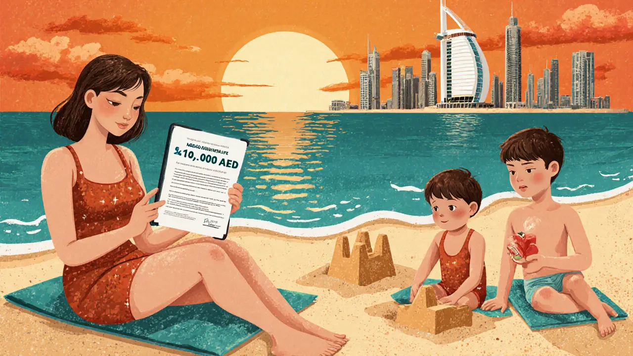 Семья отдыхает на пляже в Дубае, женщина смотрит на страховку на 150 000 дирхамов, на фоне небоскребы.
