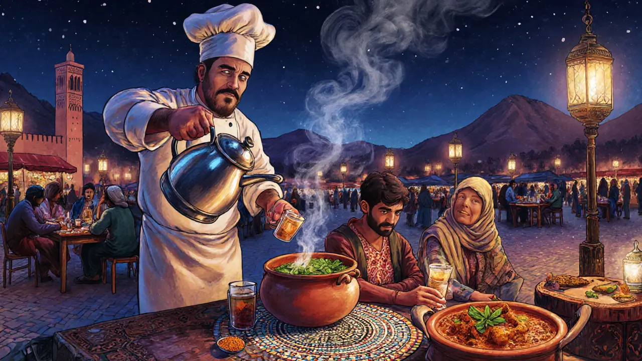 Семья в Марракеше ест тажин и пьёт мятный чай под светом фонарей на площади Джемаа-эль-Фна.