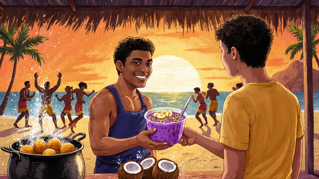 Вечерний киоск в Рио-де-Жанейро: асаи в миске, кокосы и жареные рыбные шарики на фоне пляжа.