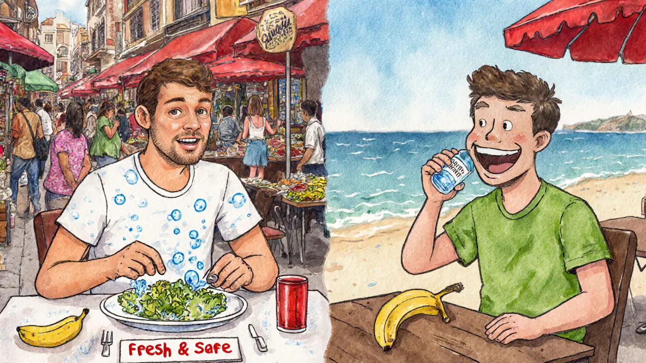 Два стола: один с салатом из-под крана, другой — с бананом и бутилированной водой.