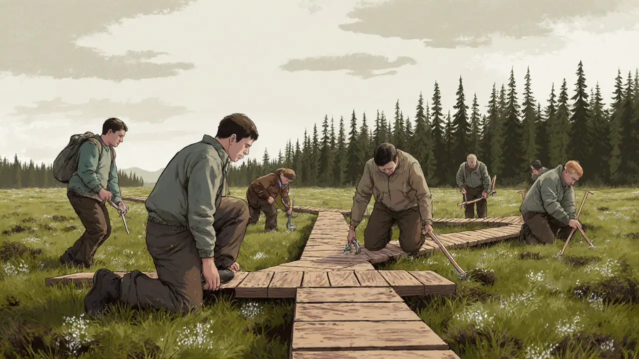 Группа волонтёров укладывает настил на болоте в заповеднике.