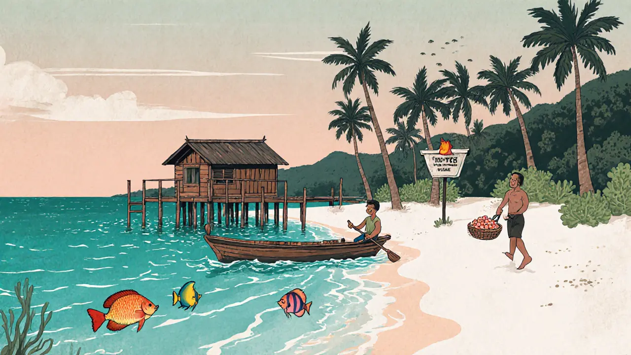 Остров Кох Ронг на закате: деревянный бунгало, чистый пляж, рыбак с уловом, прозрачная вода с кораллами.