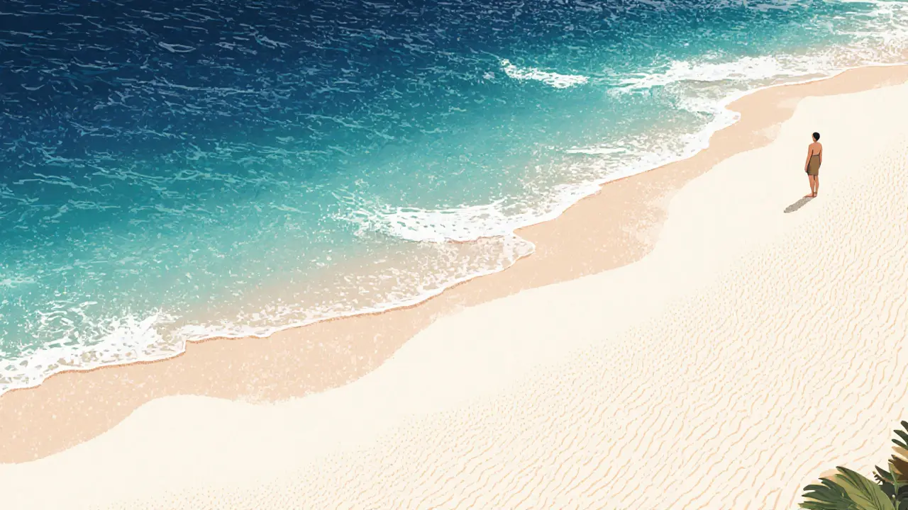 Пляж Уайтхейвен в Австралии с бесконечным белым песком и прозрачной водой.