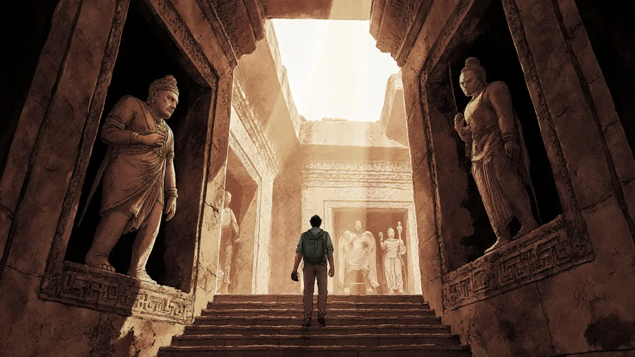 Путешественник на вершине храма, видны скрытые барельефы и едва заметные AR-реконструкции.