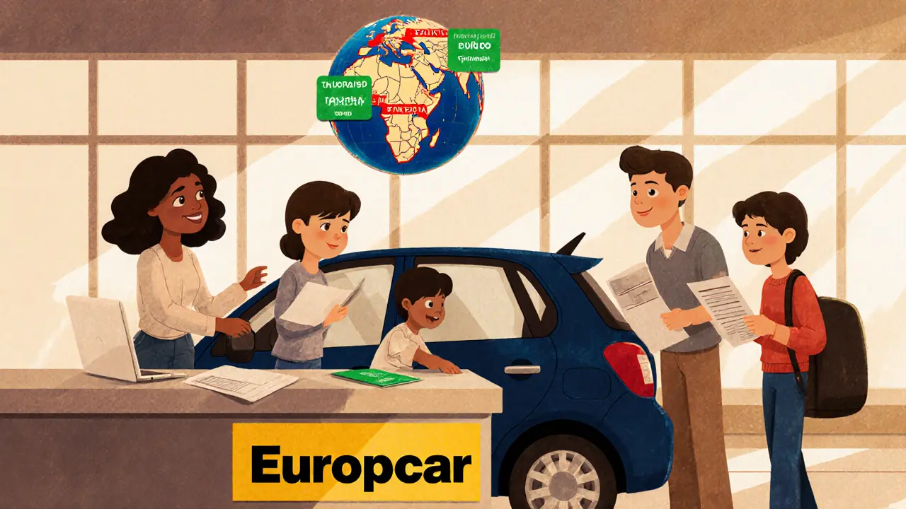 Семья забирает арендованную машину в аэропорту Лиссабона с документами и картой маршрутов Европы.