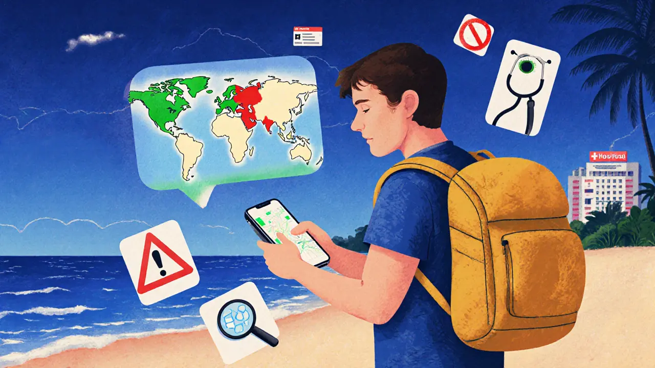 Турист проверяет приложение WaterCheck на телефоне, вокруг — символы безопасности и опасности.