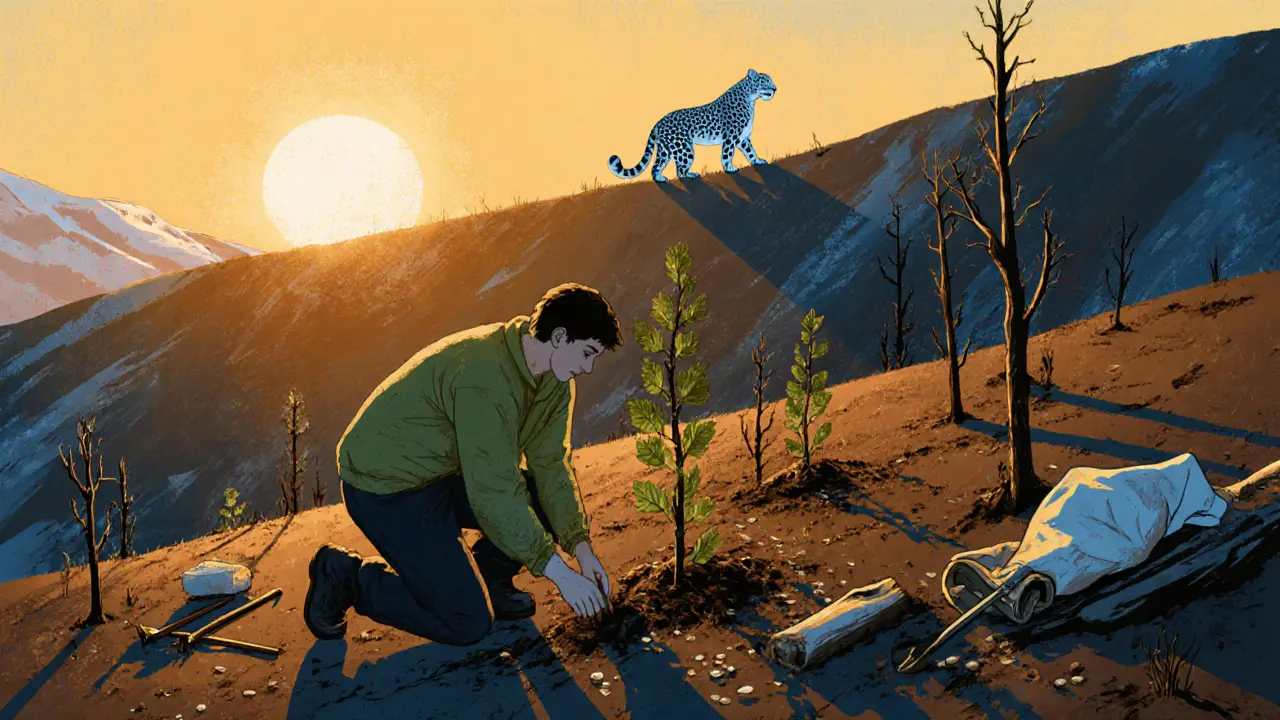 Волонтёр сажает саженцы на выгоревшем склоне, на горизонте — снежный барс.