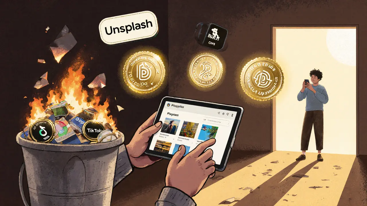 Человек использует бесплатные лицензионные фото с Unsplash и Pexels, избегая нарушений авторских прав.