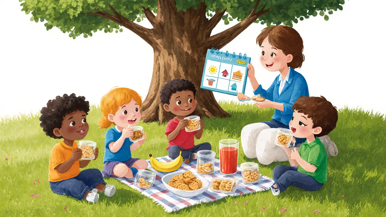 Дети отдыхают на лужайке, едят фрукты и сок из герметичных контейнеров под деревом.