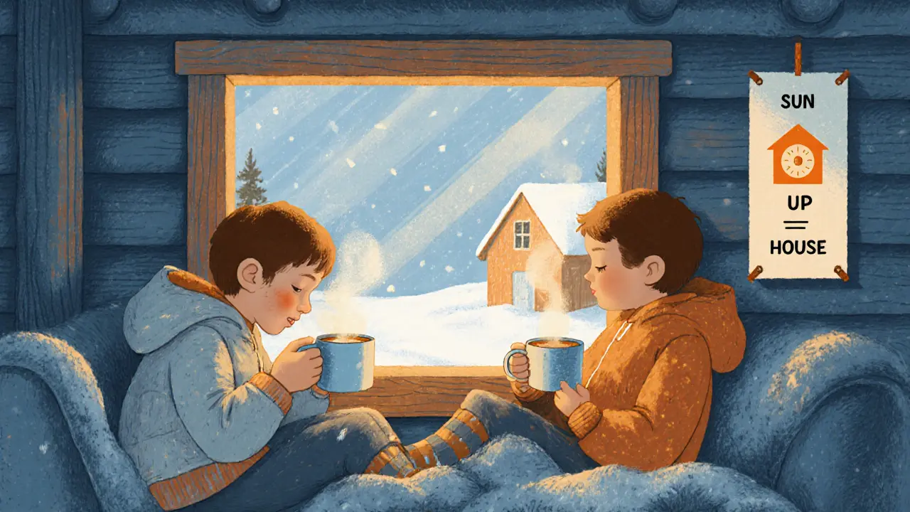 Дети в тёплой хижине меняют носки зимой, смотрят на картинки с расписанием экскурсии.