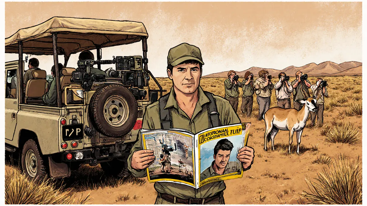 Фотограф-гид с журналом National Geographic и специализированным сафари-транспортом с оборудованием для съемки.